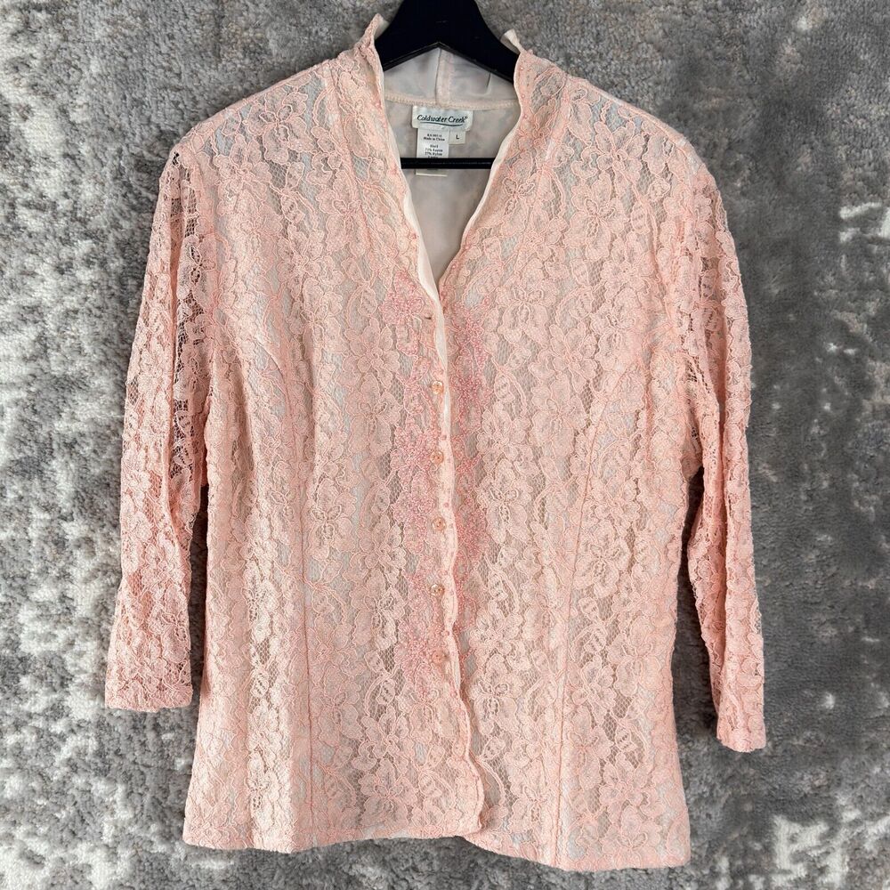 Coldwater Creek Womens Size L Floral Lace Print V Neck Button Top Pink 3/4 Sleev